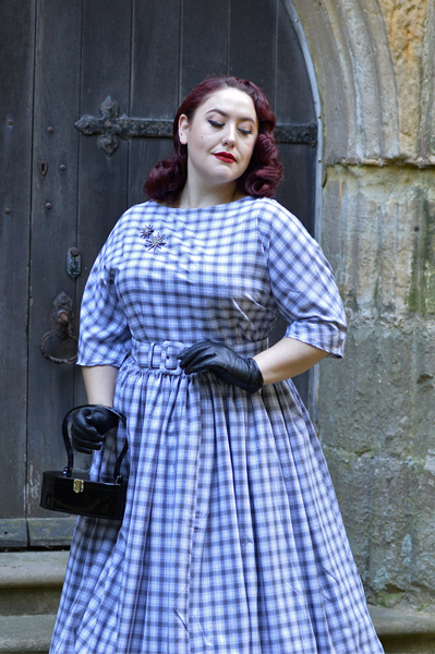 Unique Vintage plus size pinup 1940s 1950s dinner party style grey white plaid sleeved sally swing dress Mad Men Miss Amy May