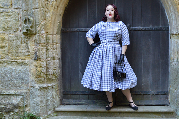 Unique Vintage plus size pinup 1940s 1950s dinner party style grey white plaid sleeved sally swing dress Mad Men Miss Amy May