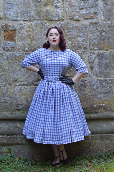 Unique Vintage plus size pinup 1940s 1950s dinner party style grey white plaid sleeved sally swing dress Mad Men Miss Amy May