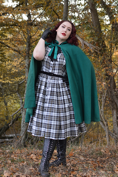 Unique Vintage plus size green hooded Stevie cape Grey Plaid button up 1950s dress pussybow neck tie Miss Amy May