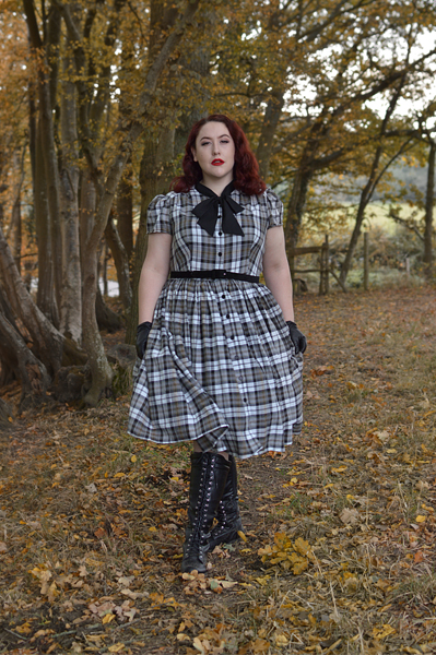 Unique Vintage plus size green hooded Stevie cape Grey Plaid button up 1950s dress pussybow neck tie Miss Amy May