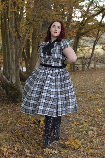 Unique Vintage plus size green hooded Stevie cape Grey Plaid button up 1950s dress pussybow neck tie Miss Amy May