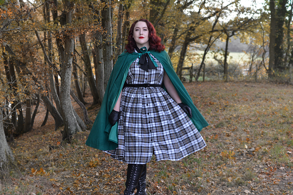 Unique Vintage plus size green hooded Stevie cape Grey Plaid button up 1950s dress pussybow neck tie Miss Amy May
