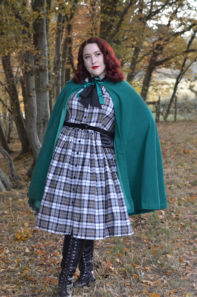 Unique Vintage plus size green hooded Stevie cape Grey Plaid button up 1950s dress pussybow neck tie Miss Amy May