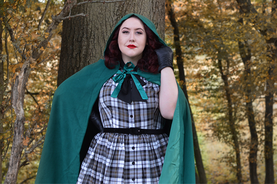 Unique Vintage plus size green hooded Stevie cape Grey Plaid button up 1950s dress pussybow neck tie Miss Amy May