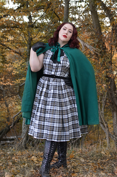 Unique Vintage plus size green hooded Stevie cape Grey Plaid button up 1950s dress pussybow neck tie Miss Amy May