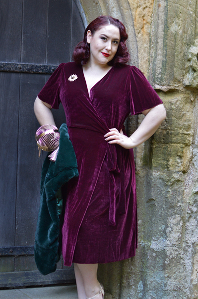 Joanie Clothing Harley Velvet Wrap dress Cabernet plus size pinup 1940s Miss Amy May fit review size
