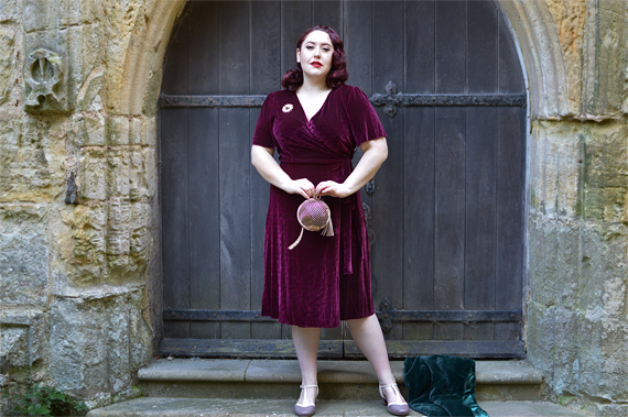 Joanie Clothing Harley Velvet Wrap dress Cabernet plus size pinup 1940s Miss Amy May fit review size