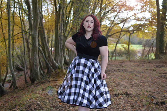 Heart of Haute Black velvet Deanna top Black check flannel circle skirt Miss Amy May plus size pinup 