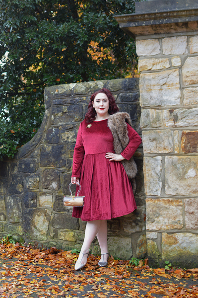 Burgundy Holly Velvet swing dress by Dolly & Dotty Miss Amy May giveaway win a dress of your choice plus size 