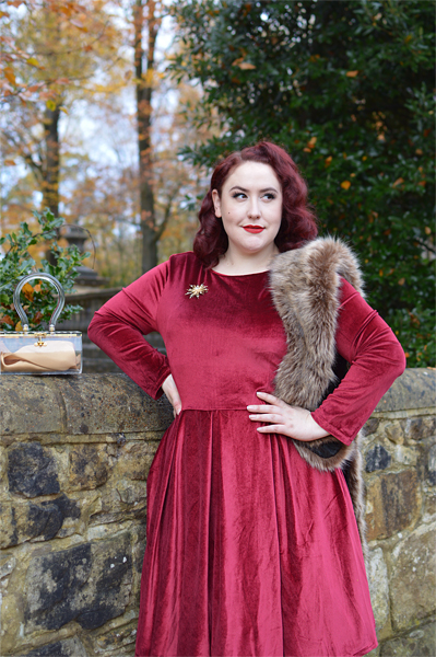 Burgundy Holly Velvet swing dress by Dolly & Dotty Miss Amy May giveaway win a dress of your choice plus size 