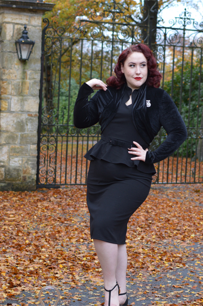 40s Lana Peplum Dress in Black Stretch Crepe by The House of Foxy Miss Amy May plus size curvy pinup Made in Britain