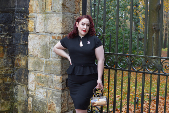 40s Lana Peplum Dress in Black Stretch Crepe by The House of Foxy Miss Amy May plus size curvy pinup Made in Britain