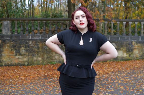 40s Lana Peplum Dress in Black Stretch Crepe by The House of Foxy Miss Amy May plus size curvy pinup Made in Britain