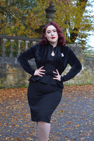 40s Lana Peplum Dress in Black Stretch Crepe by The House of Foxy Miss Amy May plus size curvy pinup Made in Britain