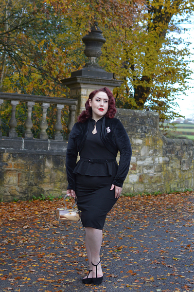 40s Lana Peplum Dress in Black Stretch Crepe by The House of Foxy Miss Amy May plus size curvy pinup Made in Britain