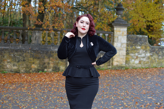 40s Lana Peplum Dress in Black Stretch Crepe by The House of Foxy Miss Amy May plus size curvy pinup Made in Britain