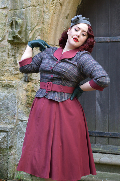 Miss Candyfloss Ambre-wine peplum burgundy dress Amour Fou New Look Dior collection Miss Amy May plus size pinup size fit review vintage