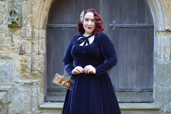 Collectif Clothing navy velvet Clara swing dress christmas party Hotter shoes Rose Gold Viviene heels Miss Amy May plus size pinup fit size review
