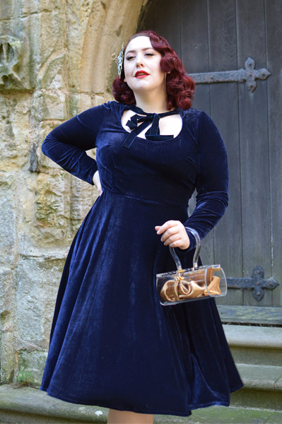 Collectif Clothing navy velvet Clara swing dress christmas party Hotter shoes Rose Gold Viviene heels Miss Amy May plus size pinup fit size review