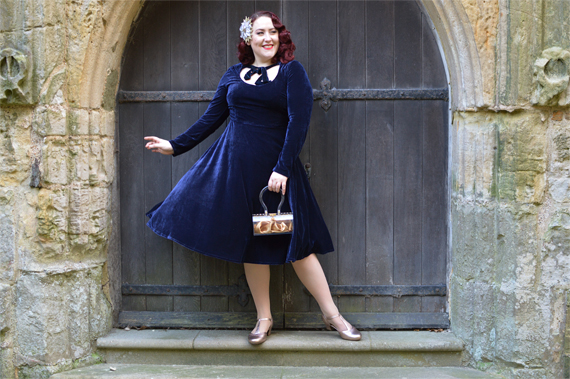 Collectif Clothing navy velvet Clara swing dress christmas party Hotter shoes Rose Gold Viviene heels Miss Amy May plus size pinup fit size review
