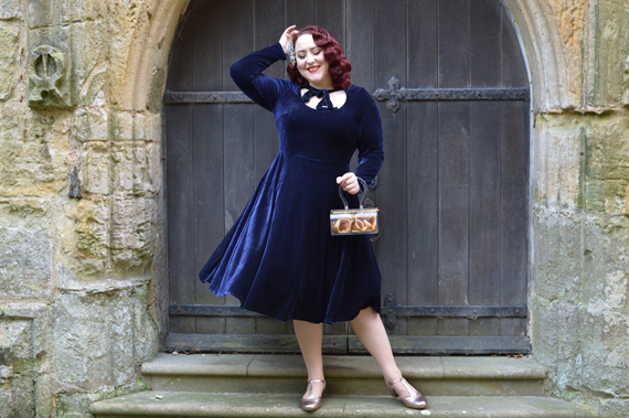 Collectif Clothing navy velvet Clara swing dress christmas party Hotter shoes Rose Gold Viviene heels Miss Amy May plus size pinup fit size review