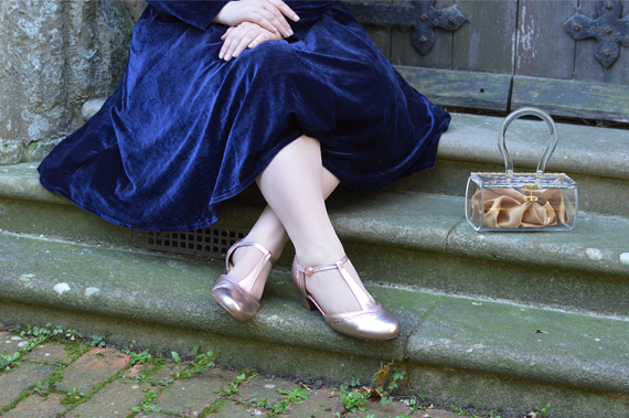 Collectif Clothing navy velvet Clara swing dress christmas party Hotter shoes Rose Gold Viviene heels Miss Amy May plus size pinup fit size review