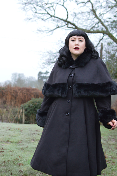 Hell Bunny Capulet coat and cape faux fur trim Miss Amy May plus size pinup fit size review discount code AMYMAY20!% hellbunny.com