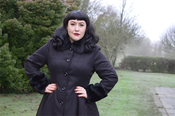 Hell Bunny Capulet coat and cape faux fur trim Miss Amy May plus size pinup fit size review discount code AMYMAY20!% hellbunny.com