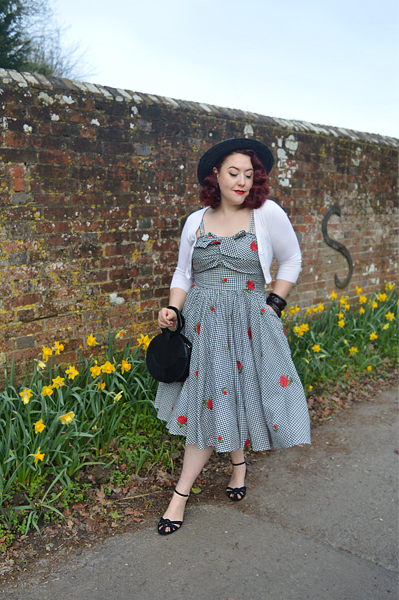 Golightly red rose floral print black and white gingham dress by Unique Vintage plus size fit review Miss Amy May