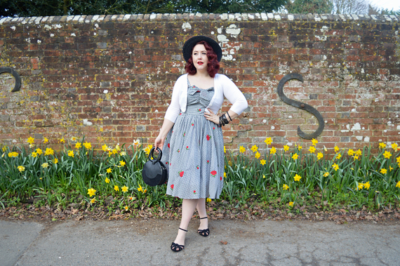 Golightly red rose floral print black and white gingham dress by Unique Vintage plus size fit review Miss Amy May