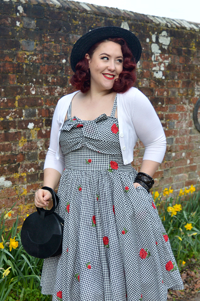 Golightly red rose floral print black and white gingham dress by Unique Vintage plus size fit review Miss Amy May