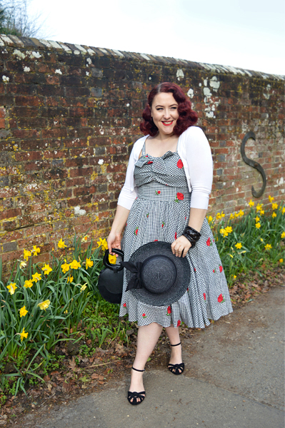 Golightly red rose floral print black and white gingham dress by Unique Vintage plus size fit review Miss Amy May