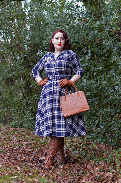Unique Vintage Plus Size 1950s Style Navy Blue Plaid Sleeved Brooklyn Shirtdress fit review Miss Amy May