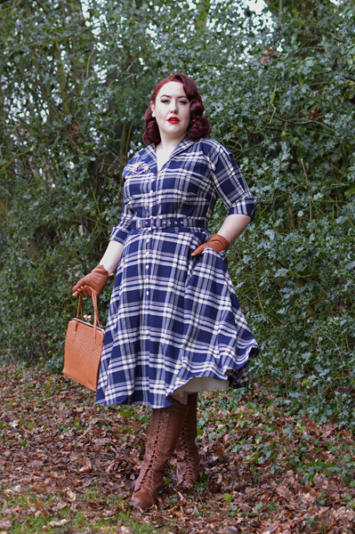 Unique Vintage Plus Size 1950s Style Navy Blue Plaid Sleeved Brooklyn Shirtdress fit review Miss Amy May