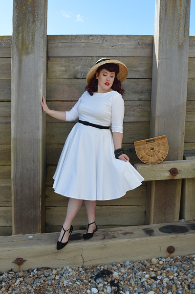 Devon white ivory dress Tan Bell brim straw hat unique Vintage plus size fit review Miss Amy May