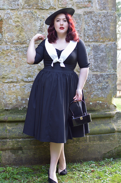 Black Lizard and Soft Beige Rosa heels by Hotter Shoes fit size review vintage inspired Black Straw Headband Disc Hat Unique Vintage Julien black white swing dress Miss Amy May plus size