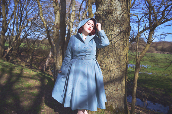 Aemela-Ivy Dress and Cleobella-Minty hooded swing water repellent coat by Miss Candyfloss made in Europe EU plus size pinup size fit review Miss Amy May