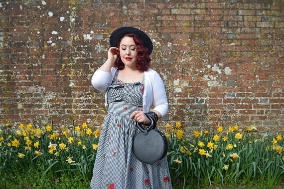 Golightly red rose floral print black and white gingham dress by Unique Vintage plus size fit review Miss Amy May