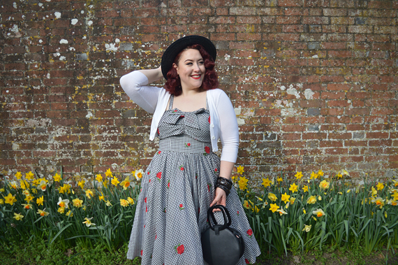 Golightly red rose floral print black and white gingham dress by Unique Vintage plus size fit review Miss Amy May