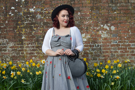 Golightly red rose floral print black and white gingham dress by Unique Vintage plus size fit review Miss Amy May