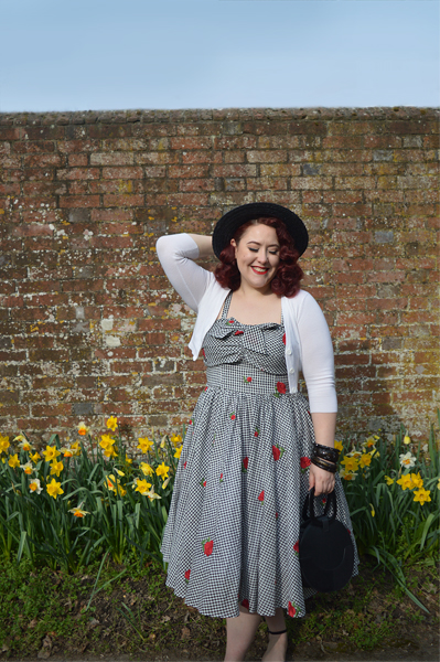 Golightly red rose floral print black and white gingham dress by Unique Vintage plus size fit review Miss Amy May