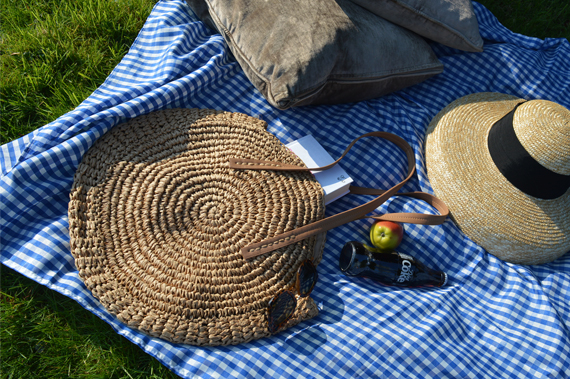 Claudine Blue Check shirtdress by Lindy Bop Large Round Straw shoulder bag Miss Amy May plus size pinup fit review