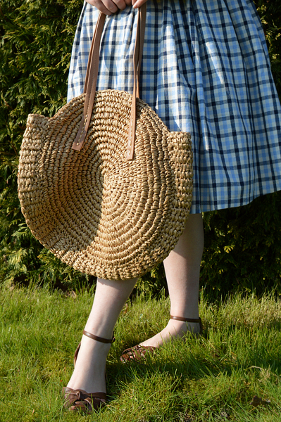 Claudine Blue Check shirtdress by Lindy Bop Large Round Straw shoulder bag Miss Amy May plus size pinup fit review