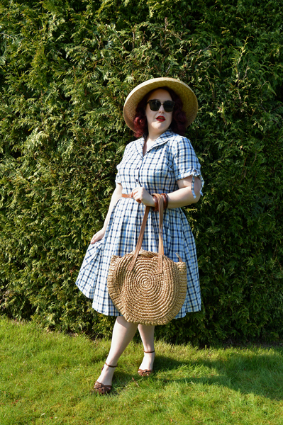 Claudine Blue Check shirtdress by Lindy Bop Large Round Straw shoulder bag Miss Amy May plus size pinup fit review