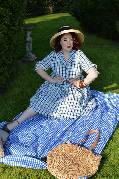 Claudine Blue Check shirtdress by Lindy Bop Large Round Straw shoulder bag Miss Amy May plus size pinup fit review