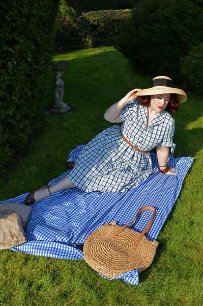 Claudine Blue Check shirtdress by Lindy Bop Large Round Straw shoulder bag Miss Amy May plus size pinup fit review