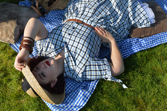 Claudine Blue Check shirtdress by Lindy Bop Large Round Straw shoulder bag Miss Amy May plus size pinup fit review