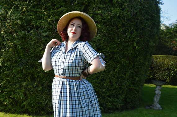 Claudine Blue Check shirtdress by Lindy Bop Large Round Straw shoulder bag Miss Amy May plus size pinup fit review