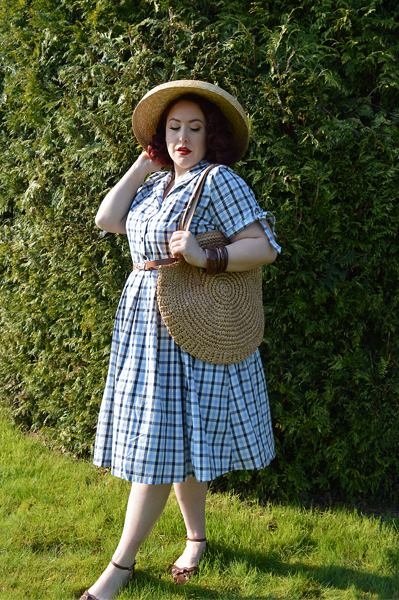 Claudine Blue Check shirtdress by Lindy Bop Large Round Straw shoulder bag Miss Amy May plus size pinup fit review